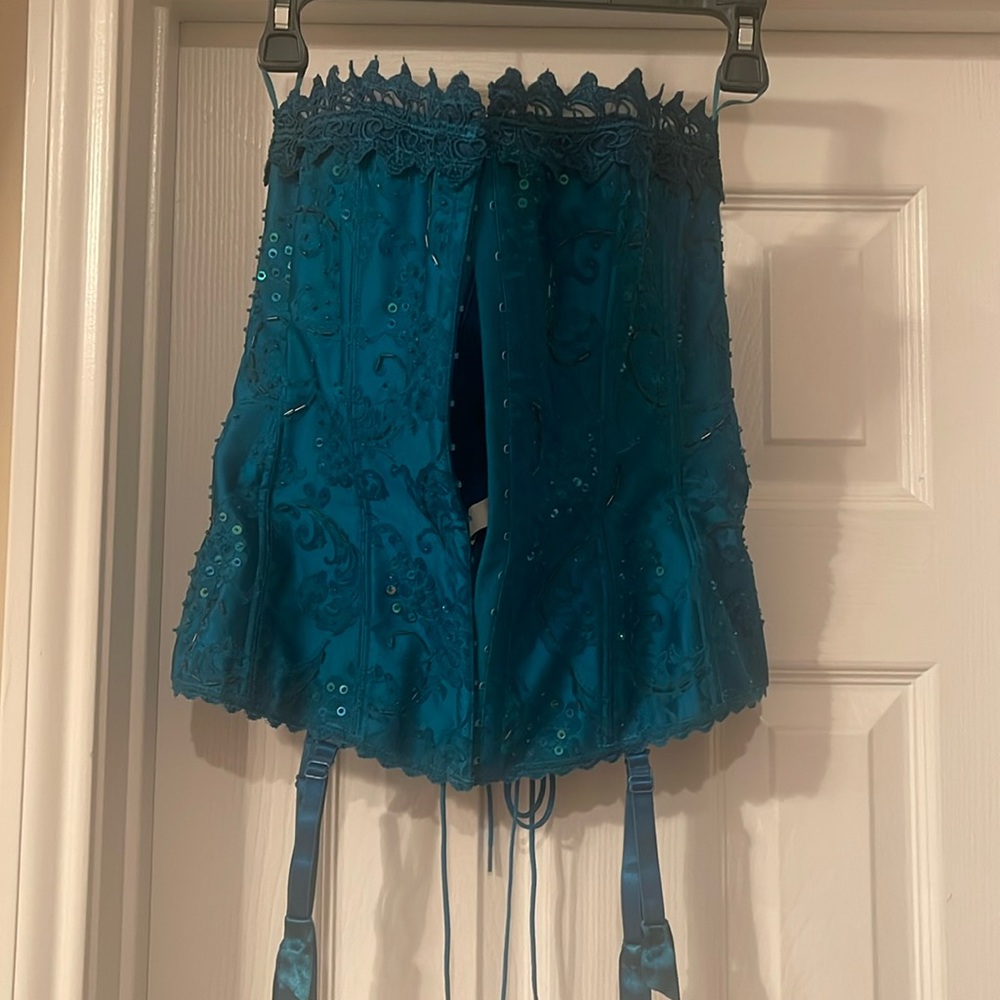 Frederick’s of Hollywood Cosplay Deep Teal Sequin Bead Corset